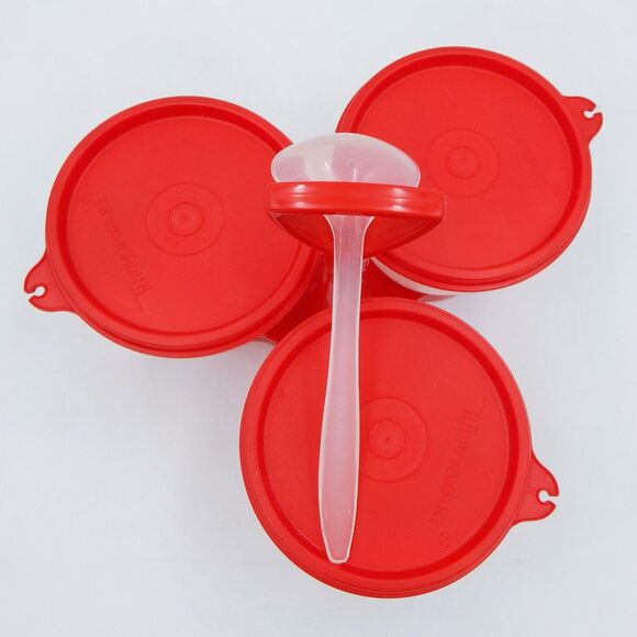 Vintage Tupperware 3 Cup Condiment Caddy Sheer 758 733 Red Lids Spoon - Picture 3 of 11